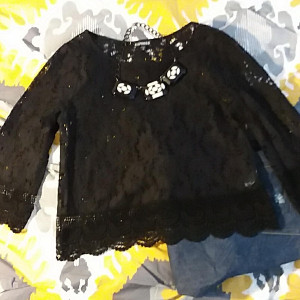 Express black cut work lace effect top XS
